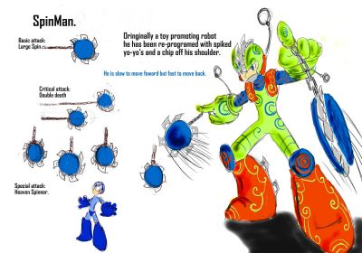 Spin Man by True-InTha-Blue
A stylish new Robot Master with bladed yoyos for weapons!  I'd really like this guy I think, bladed yoyos have always been pretty cool to me.
