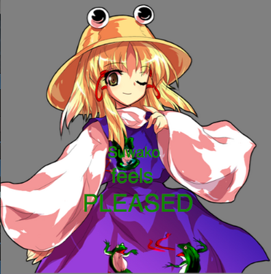 Suwako feels Pleased by GeorgeTheRaccoon
It's good to see a happy cute goddess of frogs.  Another possible caption for this, given by George, was "U MAD?"
