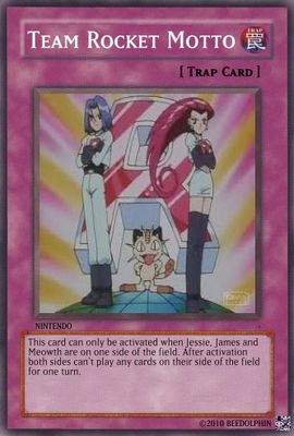 Team Rocket Motto by beedolphin
This card's effect seems to just be a delay... and it seems rather fitting...  Now there's a statistic, I wonder if one takes every episode of the Pokemon cartoon from start to the current point... just how much cumulative time is spent on Team Rocket mottos?
