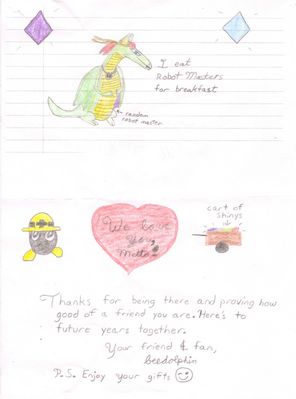 To Roahm by beedolphin
This was sent in by beedolphin, along with a golden Mettaur figurine and a copy of MMBN4 Blue Moon.  I meant to scan it in earlier, but that's about when the computer started having problems.  My sincere thanks for both the gift and the nice art ^_^
