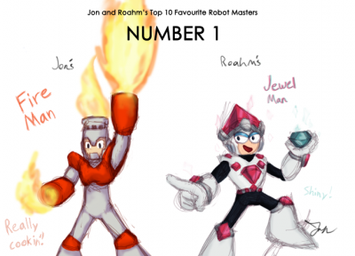 Favorite Robot Masters - 1st Place by Jon Causith
IN LIVING COLOR!  For the top of the chart, Jon went all out with full color.  His choice, the always awesome Fire Man.  Mine?...  Well was there ever any doubt?
