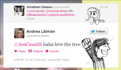 Tweet from Andrea by Jon Causith
And the results of posting pony art for the voice actress!  It seems she liked it!  SUCCESS!
