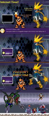 A Huggable Dragon Indeed by GandWatch
Another sprite comic from GandWatch!  This was inspired by a channel comment from jinkariya18, stating that I was not vicious, and was really a huggable dragon.  It seems the Robot Masters and Navis disagree...
