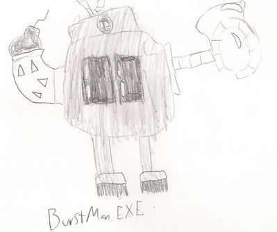 BurstMan EXE by TheKoopakirby
It looks like we have a bit of a chibi bomb here.  The countdown display seems to double as his eyes.  However, don't let the cute look deceive you.  Evidently BurstMan is a sort of "cleanup" Navi, sent by criminals as a sort of explosive assassin!

