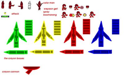 Color Man Spritesheet by thesonicgalaxy
Taking an interesting spin on a Robot Master counterpart to ColorMan.EXE perhaps, it looks like we hav ea crayon based Robot Master, an interesting concept ^_^
