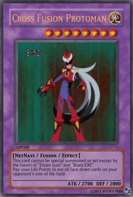Cross Protoman by beedolphin
This particular cross fusion did always look quite stylish to me.  Alas, I didn't get to see too many of the full cross fusion episodes.  I liked the detail on this one of having Chaud's dual-colored hair manifesting itself in Protoman's ponytail.
