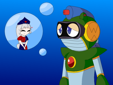 Cure to Loneliness by GandWatch
Thinking of water as a traditional healing element, it seemed right to pair Bubble Man with Eirin.  Notably, Neo sees Bubble Man as a protective sort, looking out for the more naive Heat Man, trying his best to keep Heat Man's weakness out of the hands of others.  In this way, he mirrors Eirin's guardian role for Kaguya.
