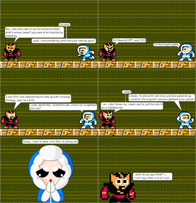 Cute Nightmare Boss by GandWatch
Now here's a bit of a quandary.  When I originally did Perfect Runs of the MM1 Robot Masters, Elec Man won hands down with a 9 / 10.  And then, a REVENGE strategy was found... lowering him to a 6 / 10.  Now in Powered Up, he bumped back up to a 7 / 10... but with scores in the original game, he tied with Ice Man's 6 / 10... so does that mean Ice Man is an honorary nightmare boss?  He'd certainly be the cutest one ever...  Go post your thoughts in the poll I have running!
