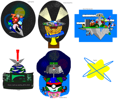 Draw the World 2 by GandWatch
In this entry, we have the worlds of Star Fox, F-Zero, Metal Gear (Metal Gear!), Pokemon, and Kirby, as well as the Island of the Ancients, ROB's home area from Super Smash Bros. Brawl.  Nicely designed!  I like the touch of the sprites representing the Poke Floats.
