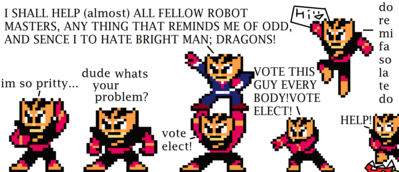 Elect Elec Man by ioddandodd
Hmm, a vote for Elec Man...  Well, the guy is pretty cool, I do love his design...  And hey, he hates Bright Man apparently...

