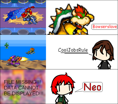 For Everlasting Justice by GandWatch
Neo made a rather nice tribute here to some major sprite comic artists in the gallery.  His own comic is obscured due to this being a scene he hasn't done yet, but I like the extra touch of using each artist's unique "dialogue" methods for their names.
