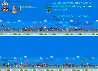 Friggin Crossovers by GandWatch
A crossover between Mega Man and Touhou was sort of done with MegaMari, though Mega Man himself didn't exist there, nor did the Robot Masters...  Perhaps that's a good thing, judging from this little sampling of chaos.
