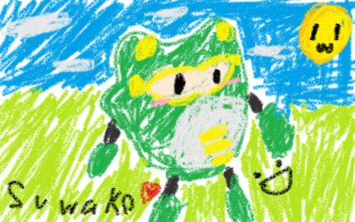 Froggy Drawing by GandWatch
This looks absolutely adorable, a child-like drawing from Suwako of her friend Toad Man.  I absolutely love the effect on this.
