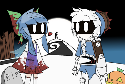 Frozen Halloween by GandWatch
Cirno and Ice Man seem to be getting into the halloween spirit.  It looks like Cirno has decided to try on something from the Silent Hill collection, while Ice Man has opted for a sort of steampunk look.
