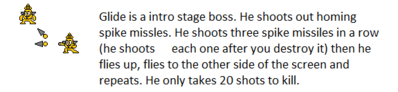 Glide by ItalianRobot
So here we have an intro boss by the name of Glide.  The name choice makes me wonder if he's some sort of Classic counterpart to Glide from the Battle Network and Legends series.
