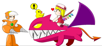 Harmless Ride by GandWatch
Hmm...  Flandre riding the Chimera from Mother 3, with Crash Man along for the ride?....  What could possibly go wrong?
