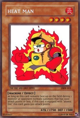 Heat Man by EXEcosmoman20
This effect seems to fit given Heat Man's habit of burning things away.  It also seems like it would be a good method of preventing weak enemy spam.
