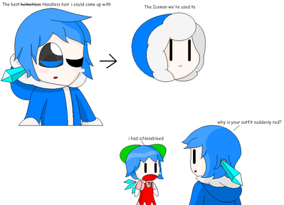Hoodless Ice Man by GandWatch
There's a strange bit of art floating around out there showing that, without his hood, Ice Man's head has a crystaline look to it.  Neo decided to give him more reasonable hair.  It resulted in quite a cute look I think, and evidently Cirno agrees!
