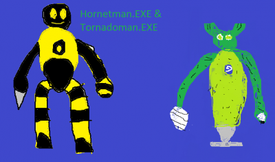 HornetMan EXE and TornadoMan EXE by Renic Kobett
TornadoMan.EXE's design here, it looks like he has a top-like design for rapid spinning, an interesting interpretation.
