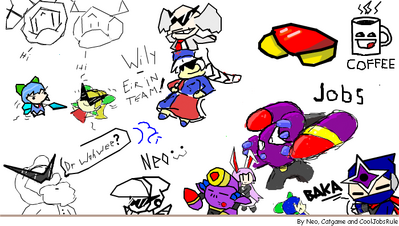 iscribble Madness Pt 1 by GandWatch
Evidently, Neo got together with several other artists on a program called iscribble.  The results are quite amusing ^_^;  The seemingly dignified look Napalm Man has while standing with Reisen makes me laugh quite a bit X)
