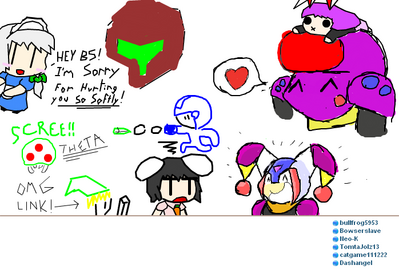 iscribble Madness Pt 4 by GandWatch
I quite like Clown Man's expression here ^_^  Also hopefully Sakuya and Bowserslave can get over their problems now ^_^;
