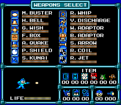 MMM Weapon Select by Hfbn2
Not a tasty screenshot, but actually the weapon select screen from Mega Man Maximum!  Interesting to see the Wire and Balloon are back, as well as evidently a Reggae based item?  Quite interesting indeed.  I wonder if Bass will have Treble Boost...
