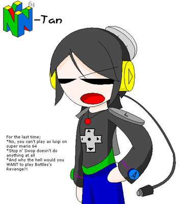 N64-tan by GandWatch
Evidently, this one wears a shirt based on the color of your N64.  Thus, mine would be Watermelon.  Just don't try to glitch her.  Nothing worse than setting off an accidental Get Down dance...
