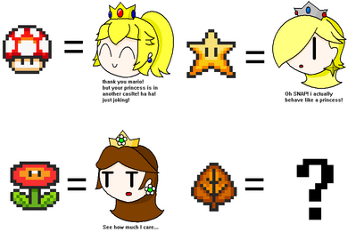 Princess Logic by GandWatch
If Peach is themed on mushrooms, and Daisy on flowers, and Rosalina on stars... where's the leaf / feather princess?
