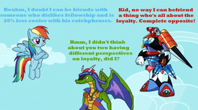 Rivals of Loyalty by MegamanNerd63
When I was looking at this image, just something about Rainbow Dash connected to Mega Man, all I could think of was her stage theme from Mega Pony.  It's probably one of my favorite tracks from that game.
