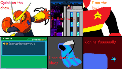 Epic Lyrics by RenzokukenLionheart
Here we have a bit of an illustration to go with the lyrics to a Quick Man remix.  The answer, yes, Mega Man can fall.  He can fall many many times.

