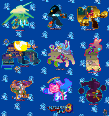 Mega Man 8 Wallpaper by GandWatch
Neo has continued the MM Wallpaper series!  Now we're up to MM8.  Quite stylish, this one, picking up points for the display of toys from Clown Man's stage, the special Aqua Man label, the Giant Enemy Crab joke, and lots and lots of Mets!
