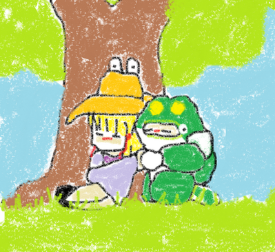 Suwako and Toad Man by IrukaAoi
Here we have Suwako and Toad Man, enjoying a peaceful day in the shade of a tree.  They look quite cute together ^_^
