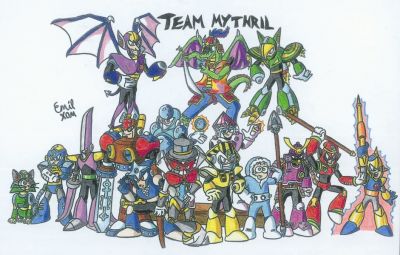 Team Mythril by Emil
Here we have a gathering of my favorite Robot Master from each Mega Man game, as well as my favorites from the Stardroids, Genesis Unit, and Mega Man Killers!  We even get Tango, and I just noticed the added touch of my wearing the Ninja hat from Kirby's Super Star!  Nicely done ^_^
