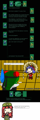 Twin Snakes by GandWatch
Hmm...  Somehow, it doesn't seem like a good idea, stealing snacks from Kanako...  The Meiling similarity is quite amusing, and her words of advice are probably well taken by so many gamers out there who can only wish they had saved.
